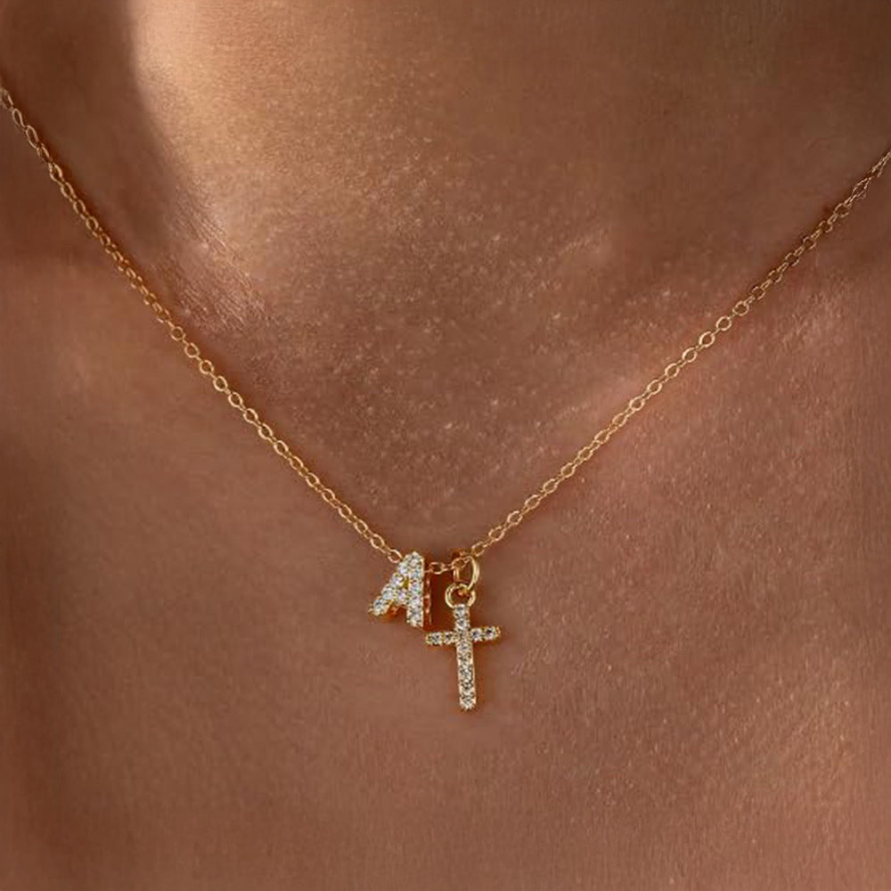 Maliben | Dainty Diamond Initial & Cross Necklace