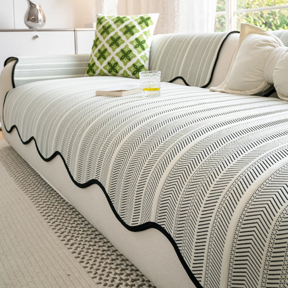 Maliben | Aurivelle Herringbone Sofa Cover with Scalloped Edge Trim