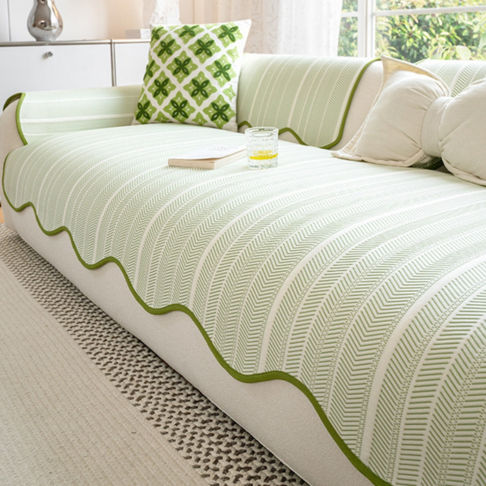 Maliben | Aurivelle Herringbone Sofa Cover with Scalloped Edge Trim