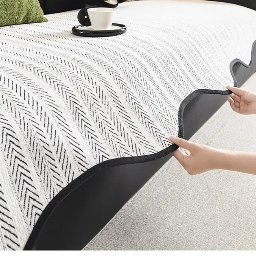 Maliben | Aurivelle Herringbone Sofa Cover with Scalloped Edge Trim