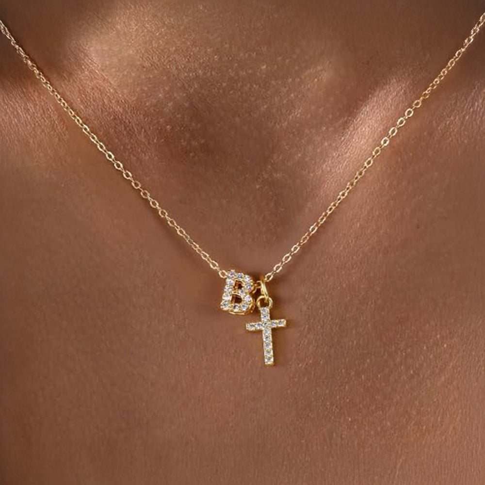Maliben | Dainty Diamond Initial & Cross Necklace