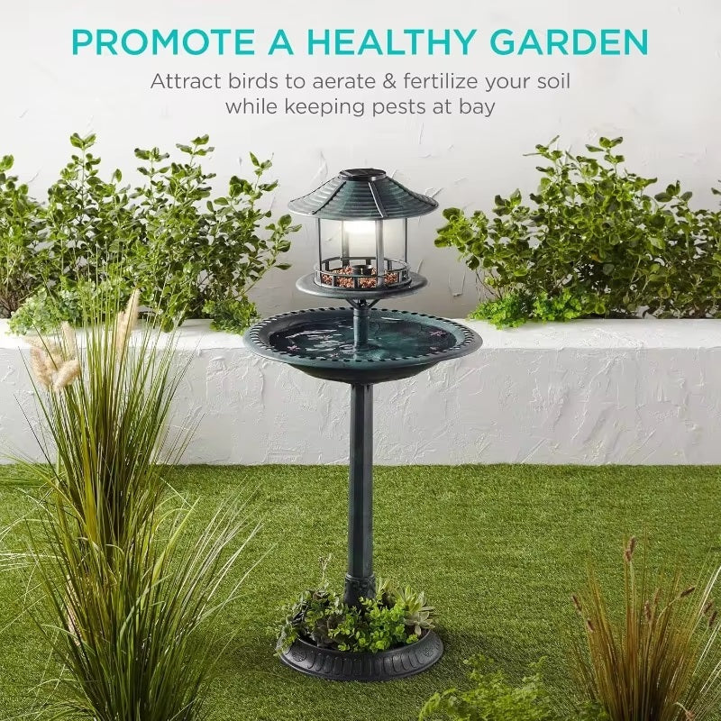 Maliben | Solar-Powered Bird Bath On Stand With Built-In Planter & Led Lamp