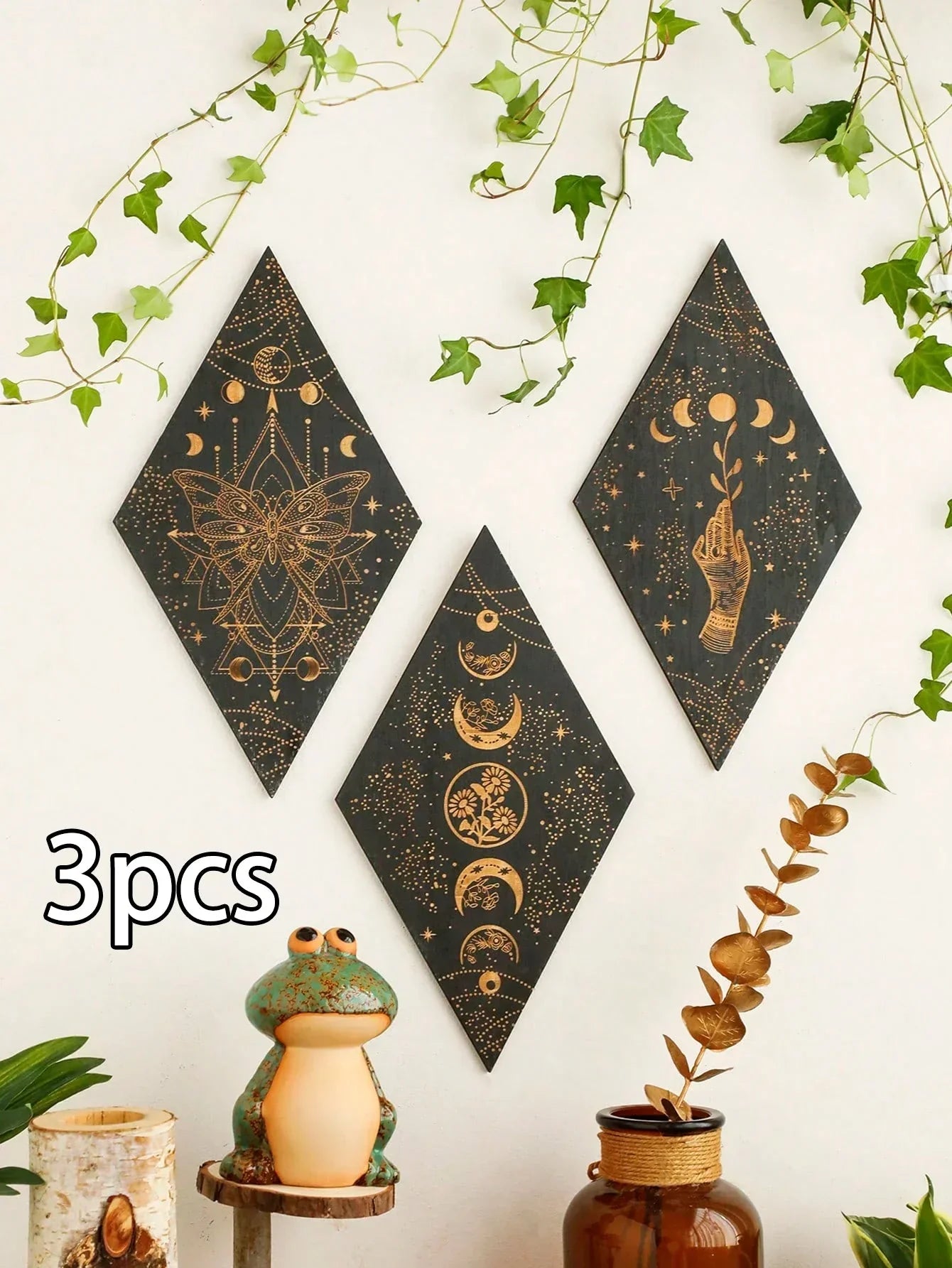 Maliben | Black Moon Phases Wooden Wall Decoration Rhombus Wall Art Boho Home Decor Witch Tapestry Decoration Room Decor Aesthetic Gift