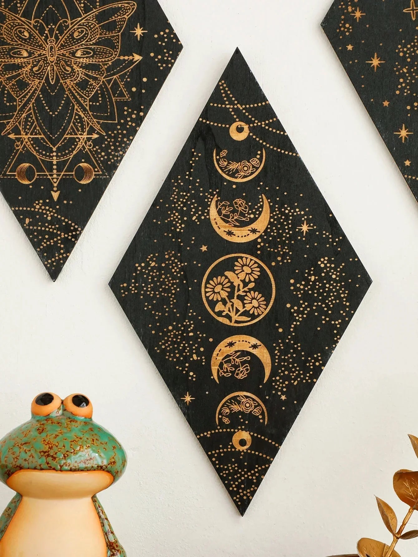 Maliben | Black Moon Phases Wooden Wall Decoration Rhombus Wall Art Boho Home Decor Witch Tapestry Decoration Room Decor Aesthetic Gift