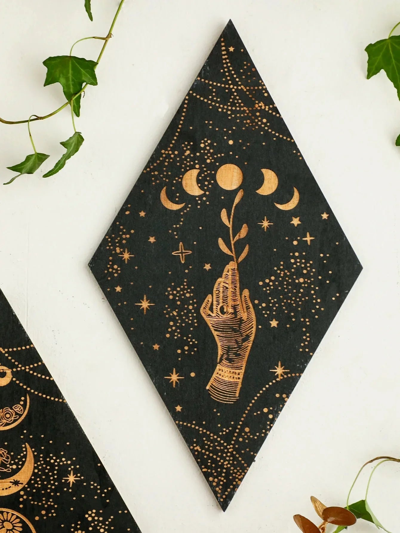 Maliben | Black Moon Phases Wooden Wall Decoration Rhombus Wall Art Boho Home Decor Witch Tapestry Decoration Room Decor Aesthetic Gift
