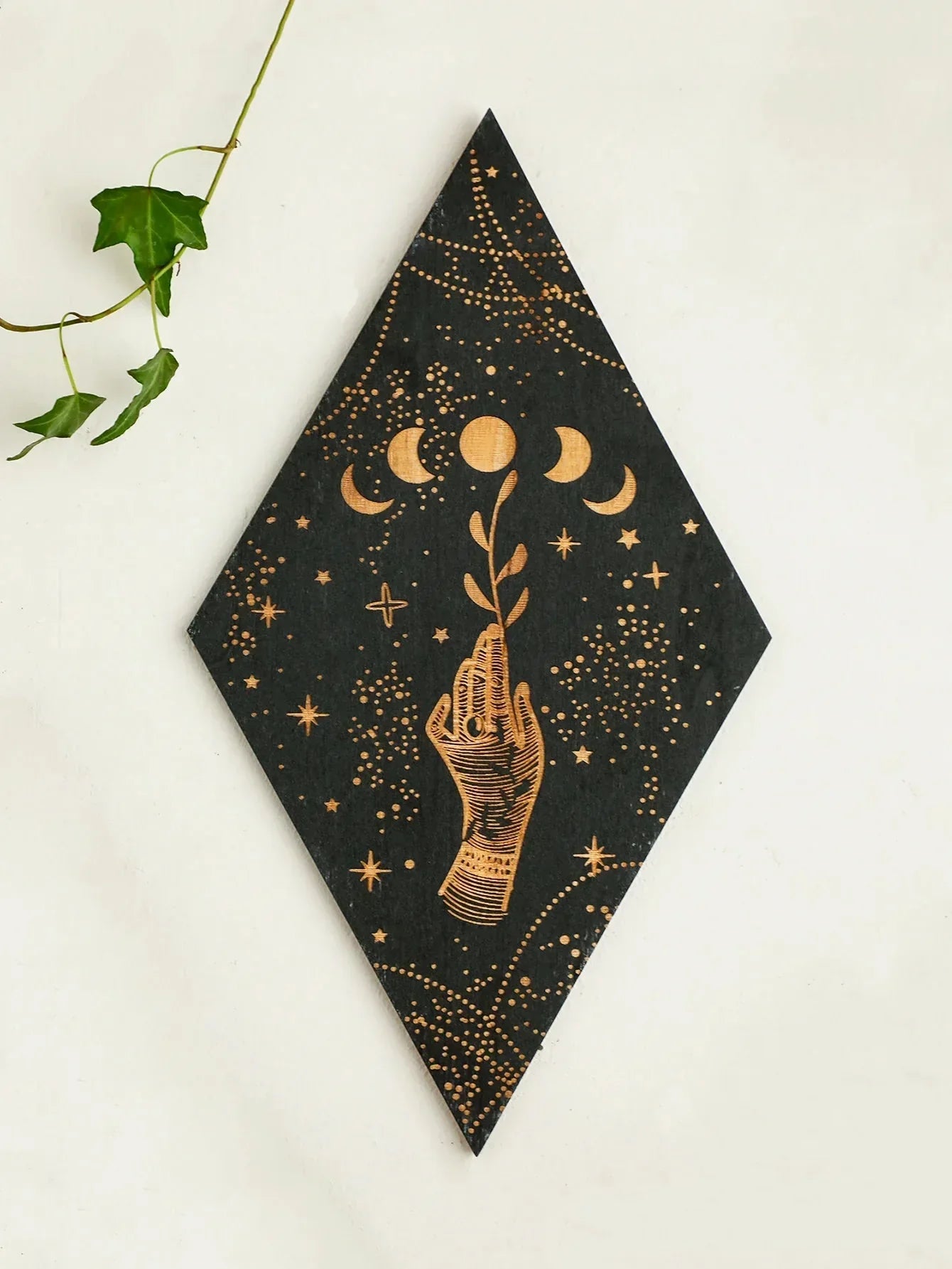 Maliben | Black Moon Phases Wooden Wall Decoration Rhombus Wall Art Boho Home Decor Witch Tapestry Decoration Room Decor Aesthetic Gift