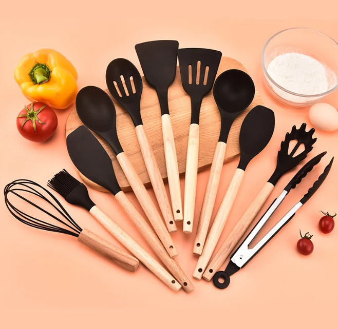 Maliben | Non-Toxic Bpa-Free Silicone Cooking Utensil Set With Wooden Handles Lattea