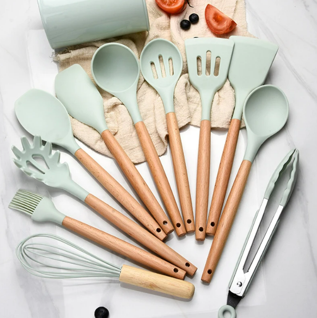 Maliben | Non-Toxic Bpa-Free Silicone Cooking Utensil Set With Wooden Handles Lattea
