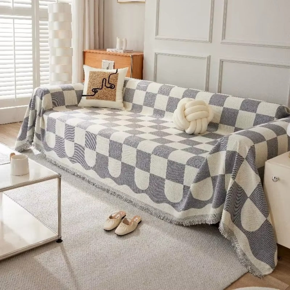 Maliben | Chess Board Chic Tasseled Sofa Cover
