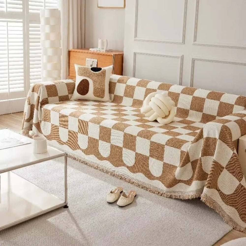 Maliben | Chess Board Chic Tasseled Sofa Cover