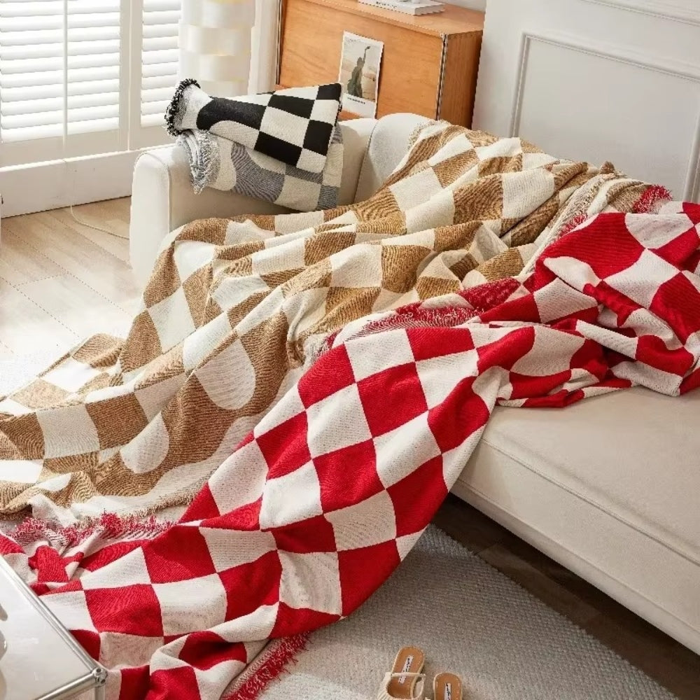 Maliben | Chess Board Chic Tasseled Sofa Cover