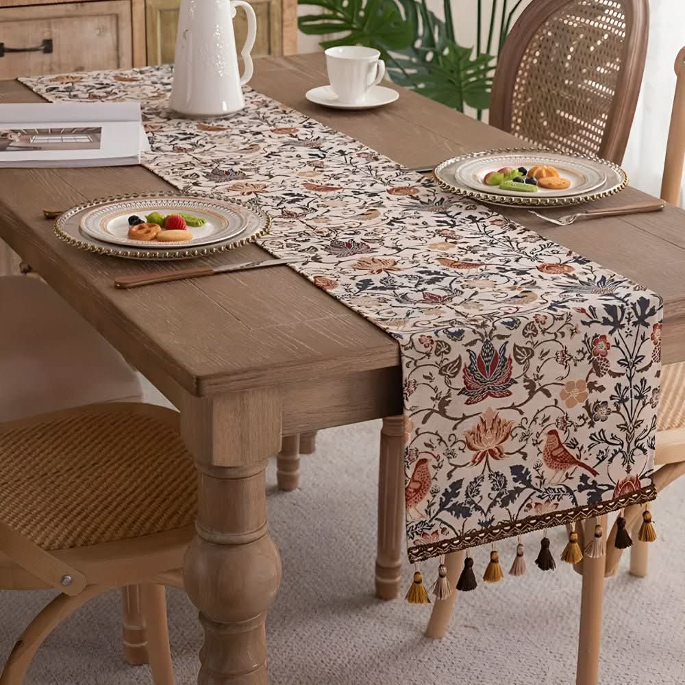 Maliben | Elegant Table Runner With Flower And Bird Design