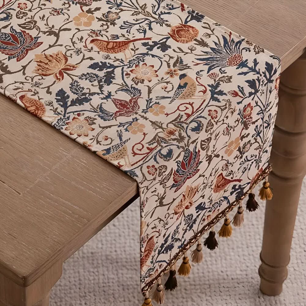 Maliben | Elegant Table Runner With Flower And Bird Design