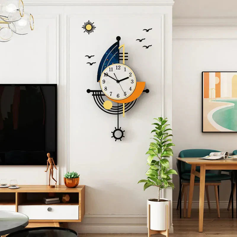 Maliben | Decorative Wall Clock Navigation Sailboat Creative Design Clock Indoor Clock Decoration Living Room Background Wall Decor