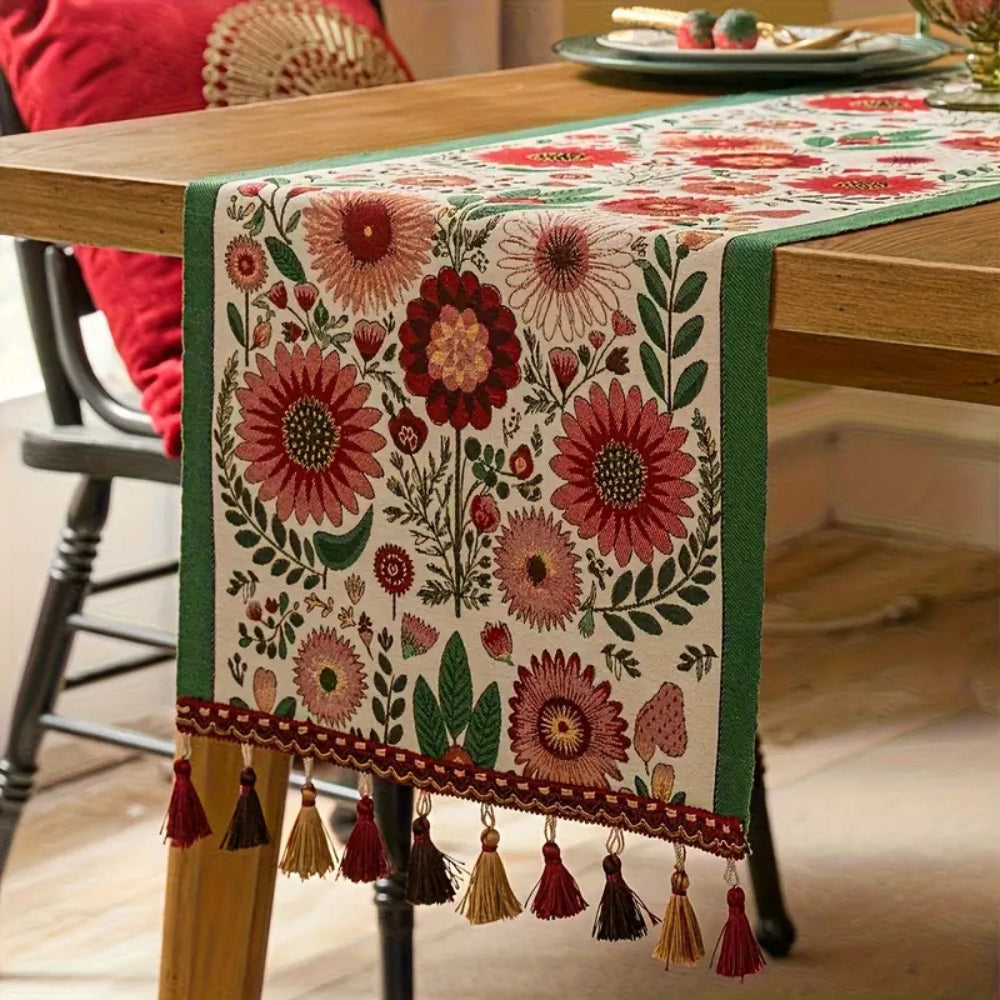 Maliben | Embroidered Floral Tassel Table Runner