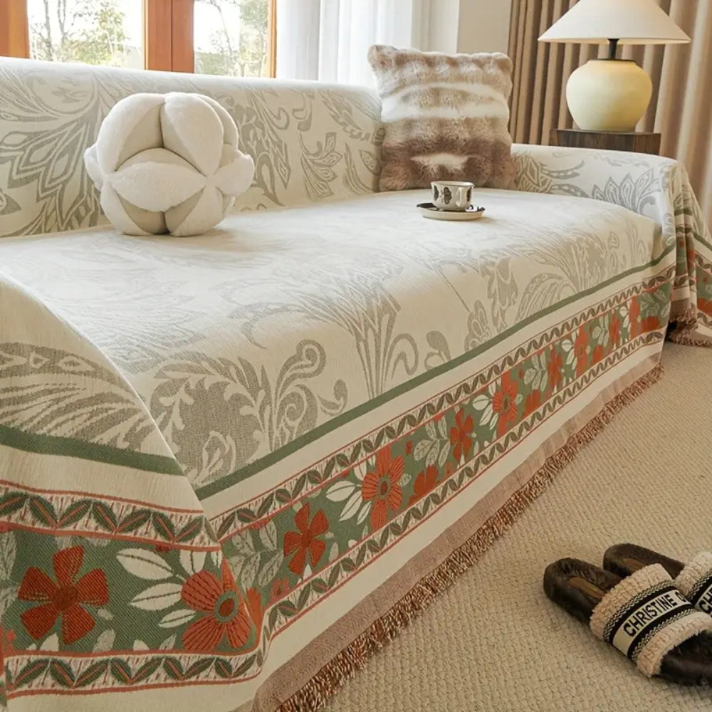 Maliben | Floral Tasseled Boho Sofa Cover