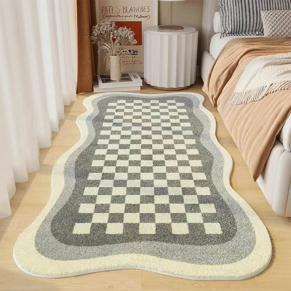 Maliben | Faux Cashmere Checkered Cozy Nightstand Rug Irregular Shape Rug