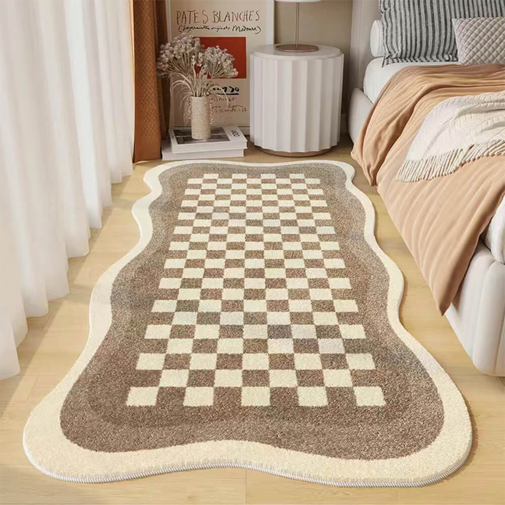 Maliben | Faux Cashmere Checkered Cozy Nightstand Rug Irregular Shape Rug