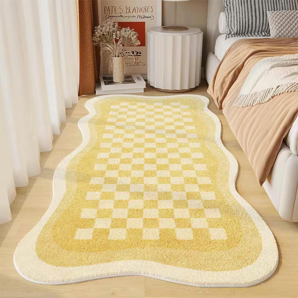 Maliben | Faux Cashmere Checkered Cozy Nightstand Rug Irregular Shape Rug