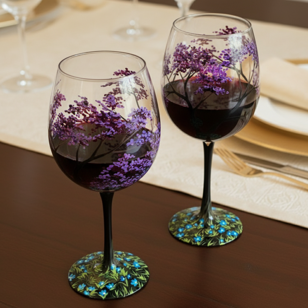 Maliben | Hand Painted Four Seasons Tree Wine Glasses | Unique Art