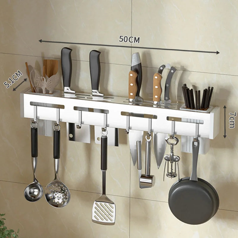 Maliben | Kitchen Form Wall Knife Holder Made Of Stainless Steel | Nail-Free & Space-Saving | With Hooks For Kitchen Utensils | Rust-Free & Modern