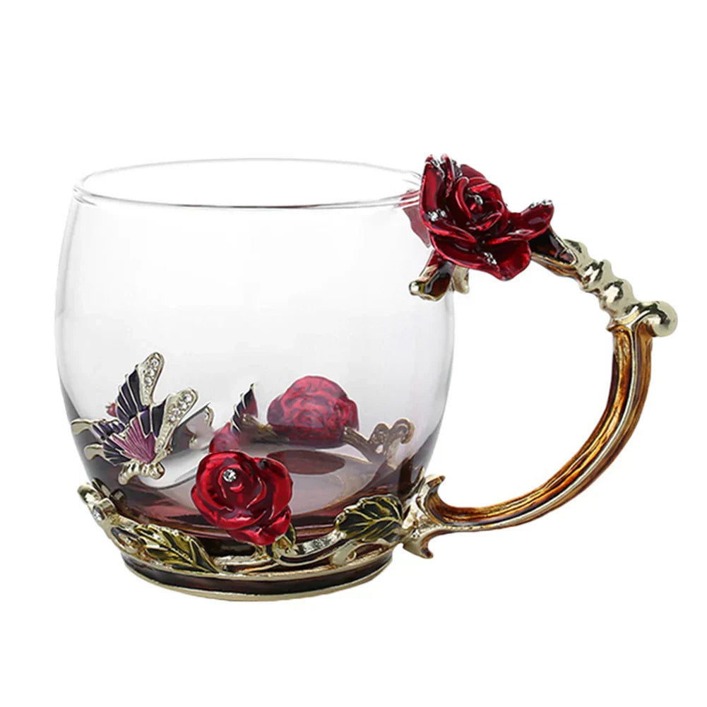 Maliben | Handcrafted Enamel Coffee Mugs Rose-Glass Tea Cup with Steel Spoon Luxury Unique Gifts for Wedding Valentine's Day Birthday Gifts