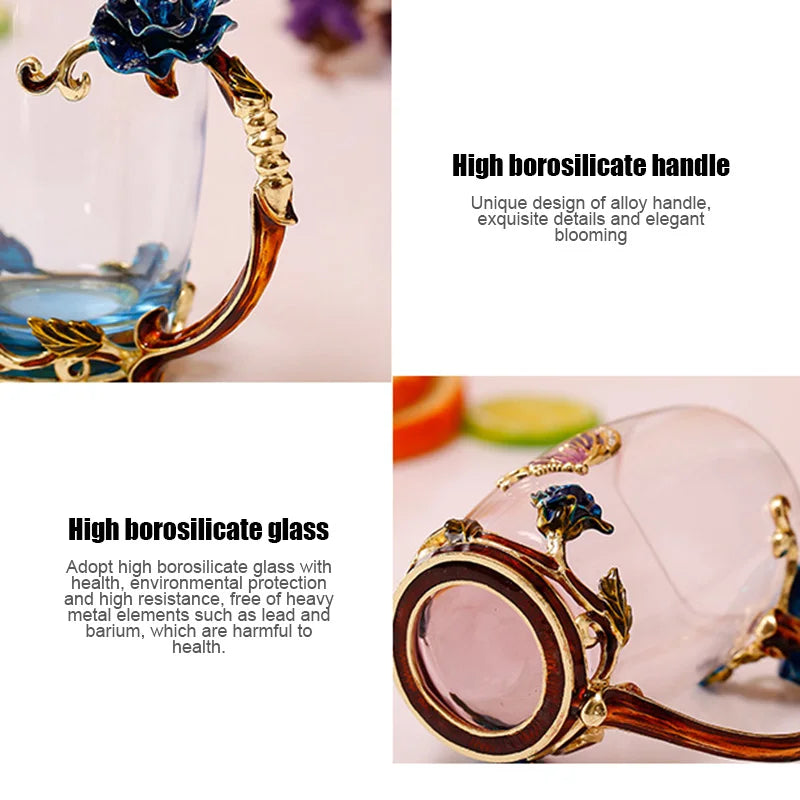 Maliben | Handcrafted Enamel Coffee Mugs Rose-Glass Tea Cup with Steel Spoon Luxury Unique Gifts for Wedding Valentine's Day Birthday Gifts