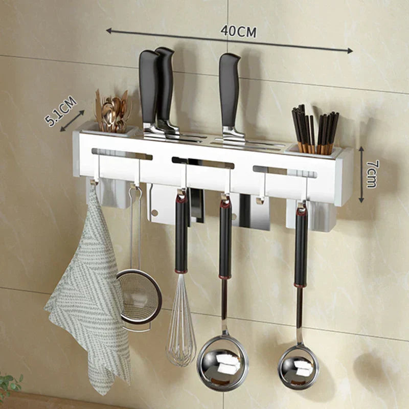 Maliben | Kitchen Form Wall Knife Holder Made Of Stainless Steel | Nail-Free & Space-Saving | With Hooks For Kitchen Utensils | Rust-Free & Modern