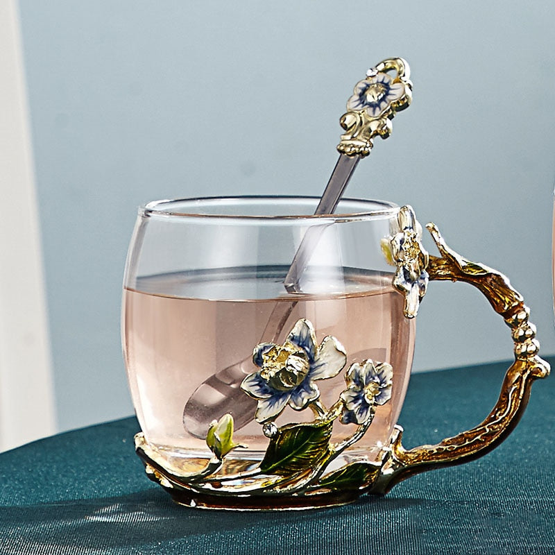 Maliben | Handcrafted Enamel Flower Glass Mug FOr Couples Love Gift Can Serve Coffee, Flavored Tea or Even Lemon Juice In