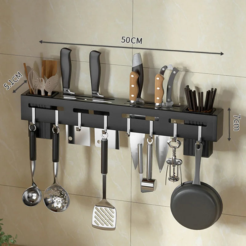 Maliben | Kitchen Form Wall Knife Holder Made Of Stainless Steel | Nail-Free & Space-Saving | With Hooks For Kitchen Utensils | Rust-Free & Modern