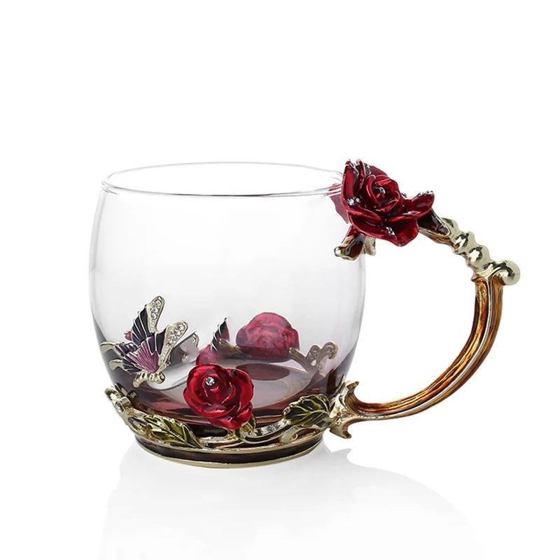 Maliben | Handcrafted Enamel Coffee Mugs Rose-Glass Tea Cup with Steel Spoon Luxury Unique Gifts for Wedding Valentine's Day Birthday Gifts