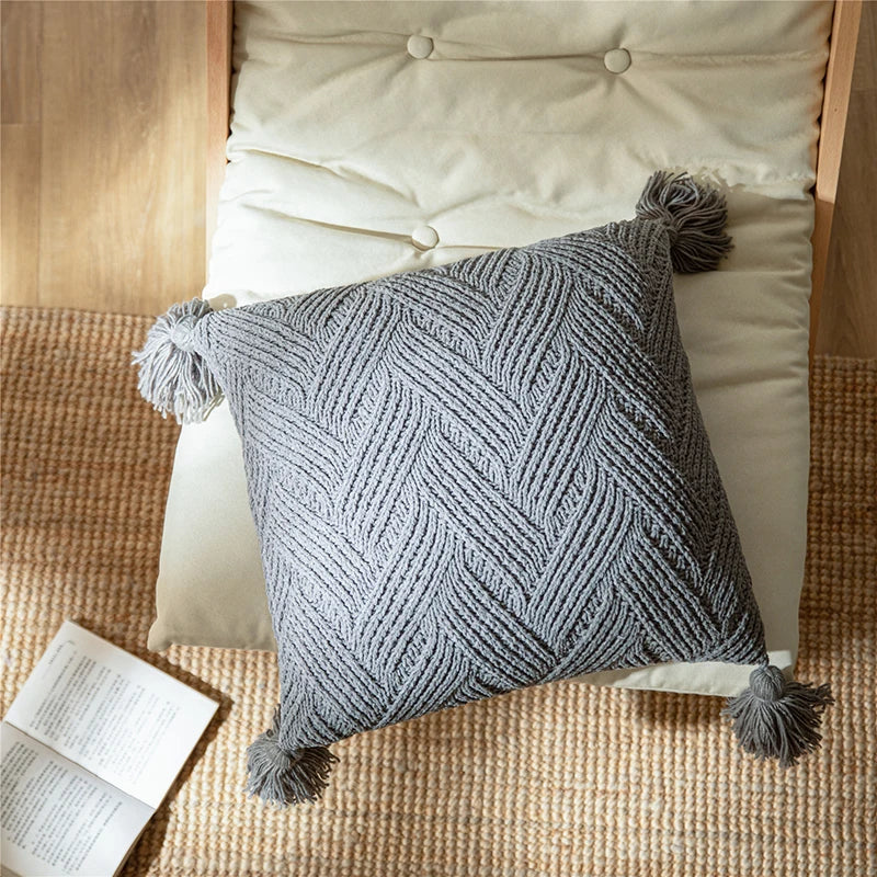 Maliben | Chic Chenille Cushion Cover With Nordic Pom Poms - Luxury Comfort