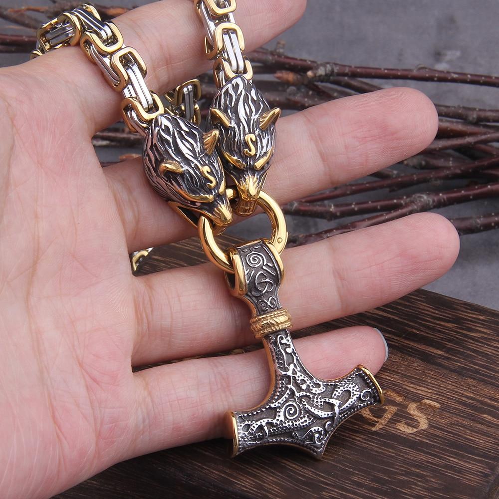 Maliben | 60–90 cm Stainless Steel Double Wolf Head & Mjolnir Survival Spirit Necklace/Bracelet
