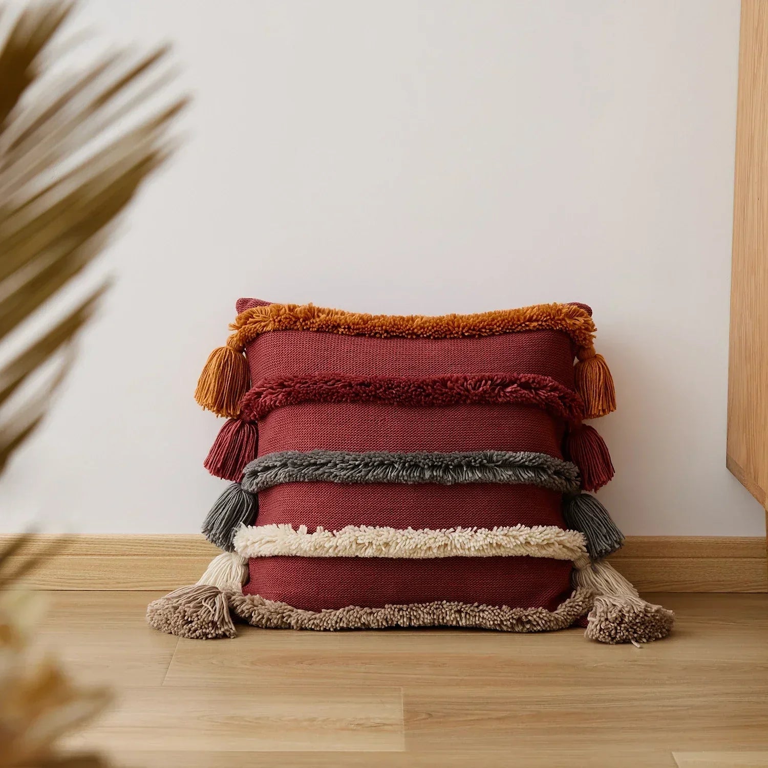 Maliben | Bohemian Velour Cushion Cover - Woven Cushion Cover With Colorful Stripes And Fringes