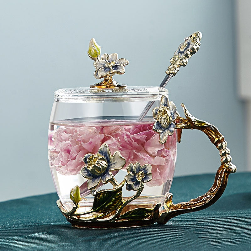 Maliben | Handcrafted Enamel Flower Glass Mug FOr Couples Love Gift Can Serve Coffee, Flavored Tea or Even Lemon Juice In