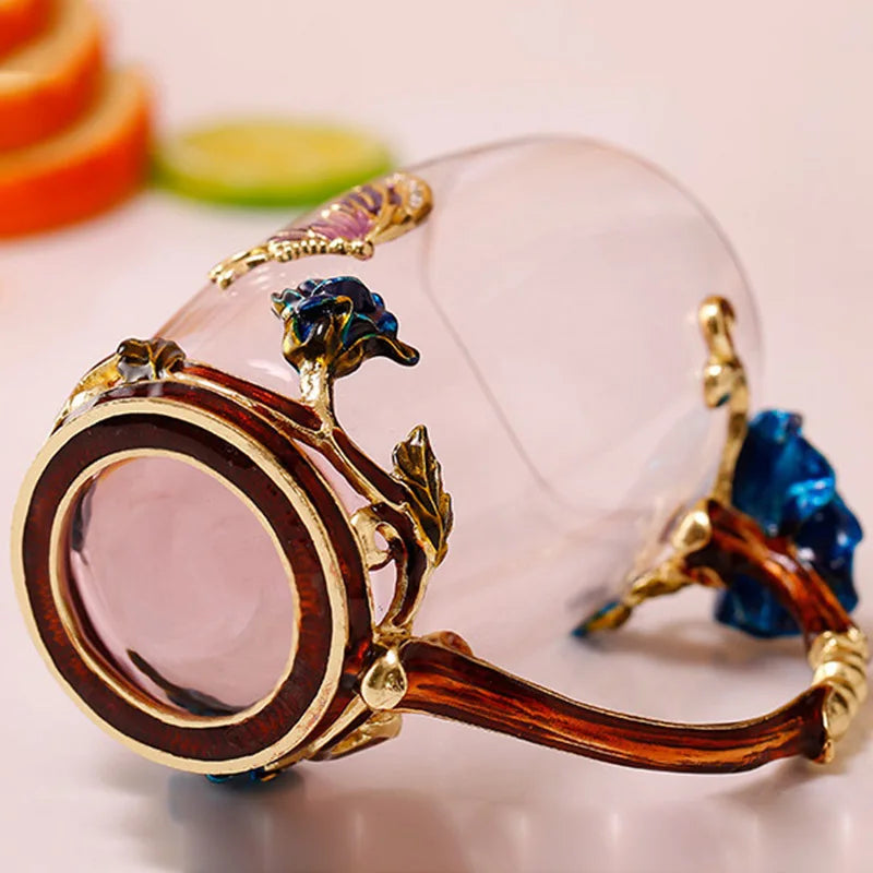 Maliben | Handcrafted Enamel Coffee Mugs Rose-Glass Tea Cup with Steel Spoon Luxury Unique Gifts for Wedding Valentine's Day Birthday Gifts