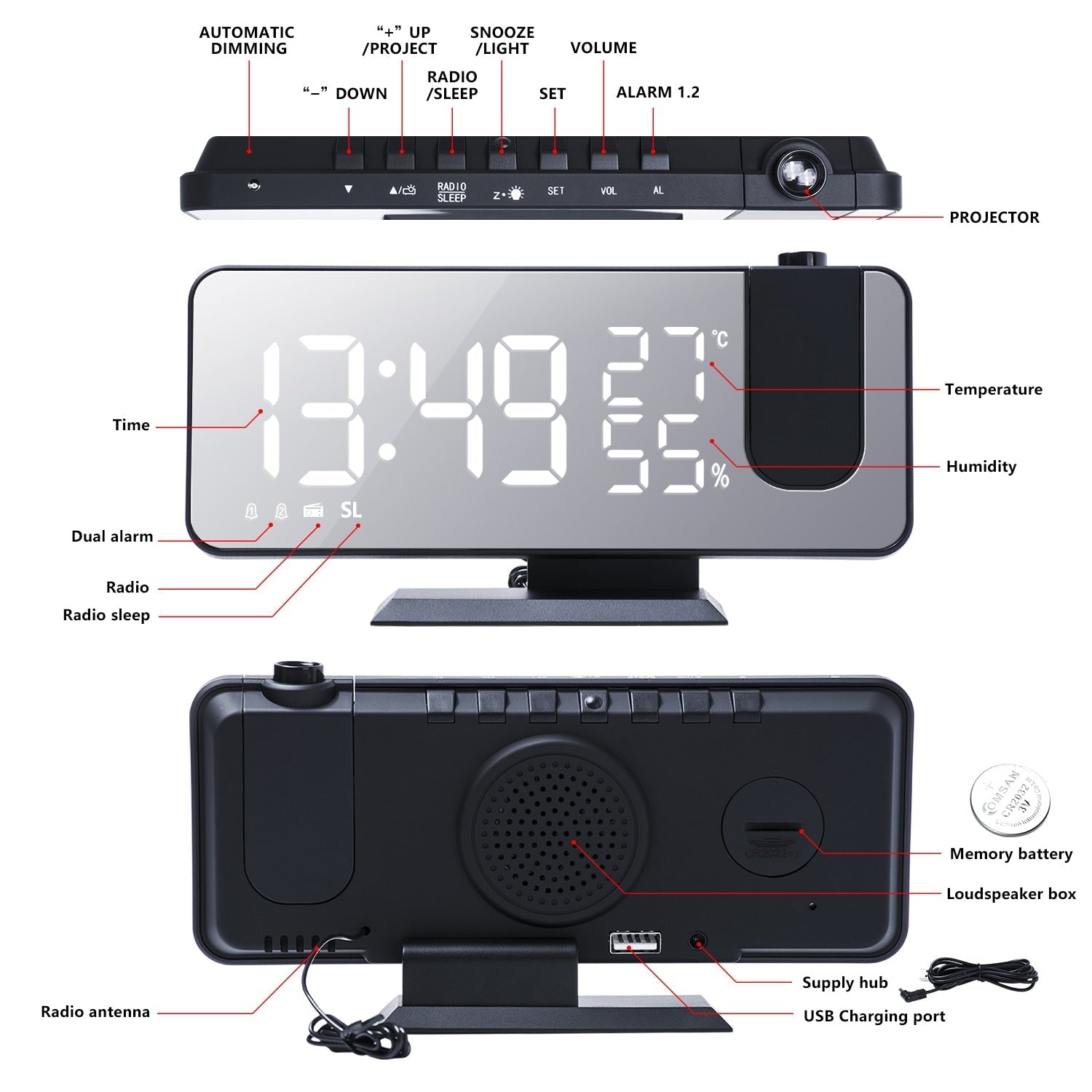 Maliben | Eindhoven Astronatic | The Best Alarm Clock With Led Screen - 180° Projector - Usb Charger