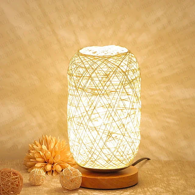 Maliben | Holzluma Led Table Lamp | Handmade From Wood & Rope | Warm White Light | For Bedroom & Living Room