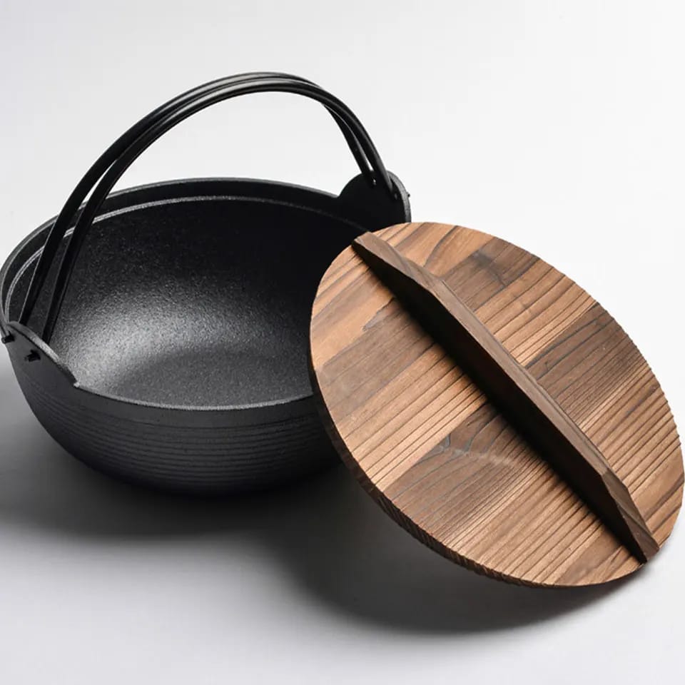 Maliben | Pre-seasoned pure cast iron wok with flat bottom and wooden lid