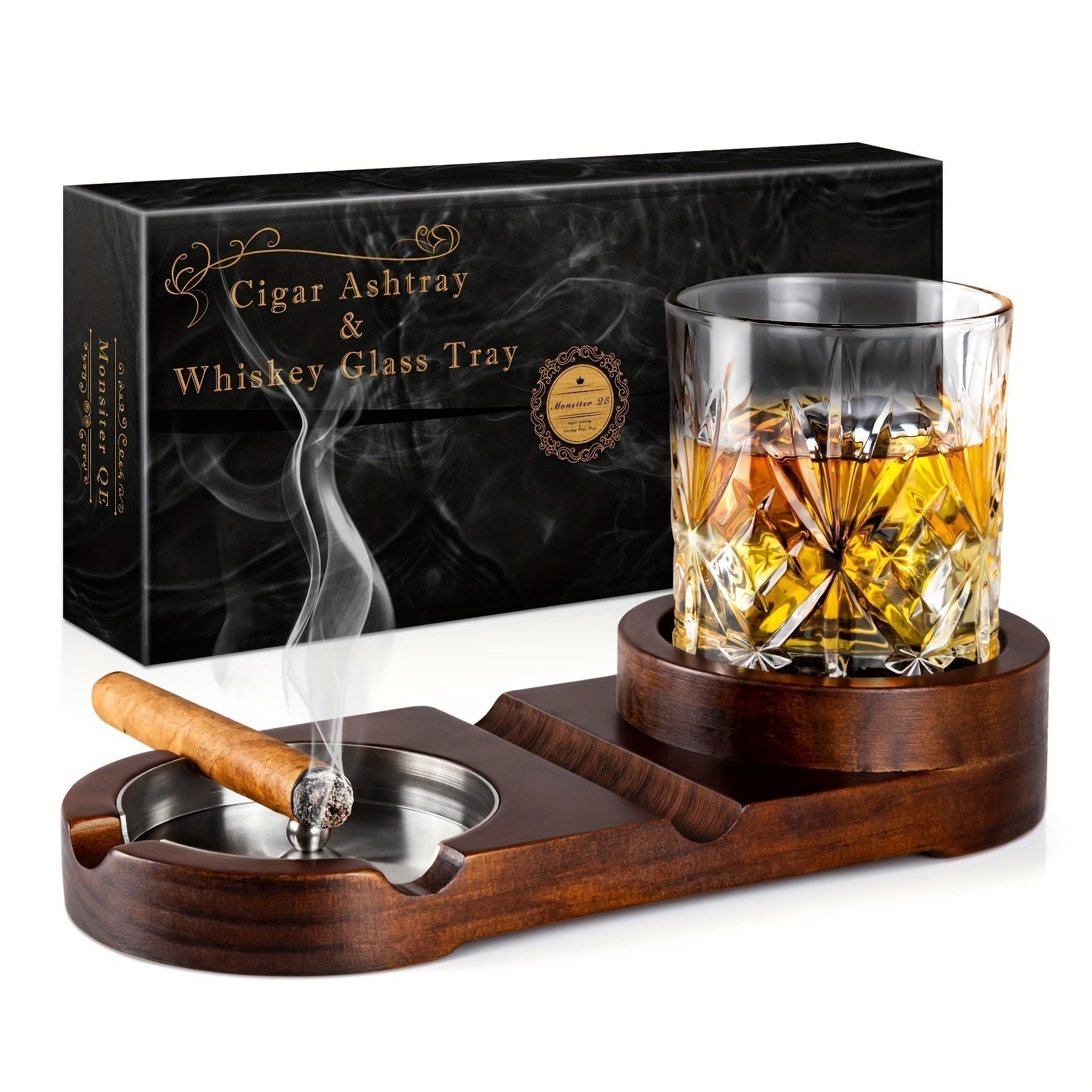 Maliben | Cigaroak Ashtray With Whiskey Holder – Luxury Wooden Bowl For Cigar Enthusiasts