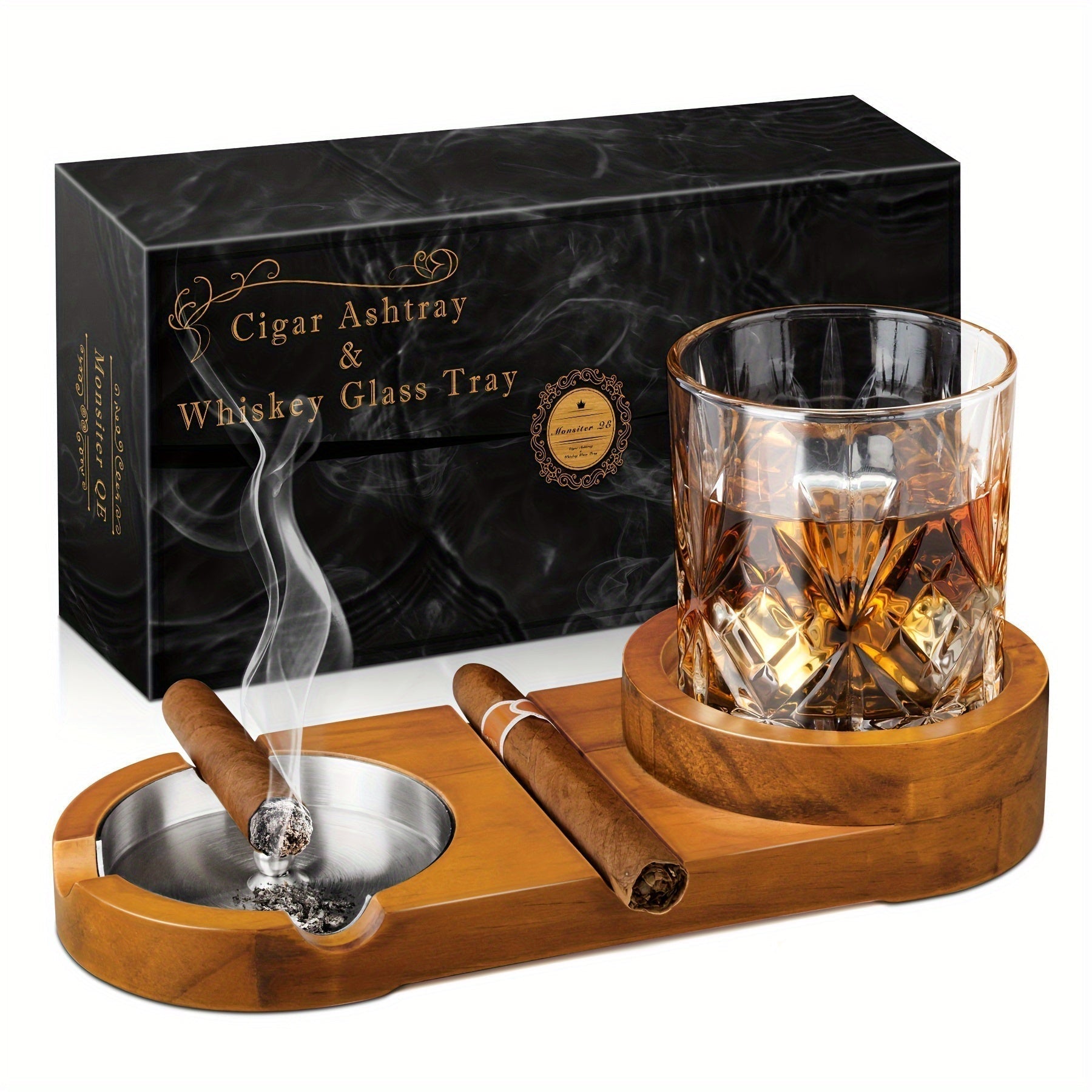 Maliben | Cigaroak Ashtray With Whiskey Holder – Luxury Wooden Tray For Cigar Lovers
