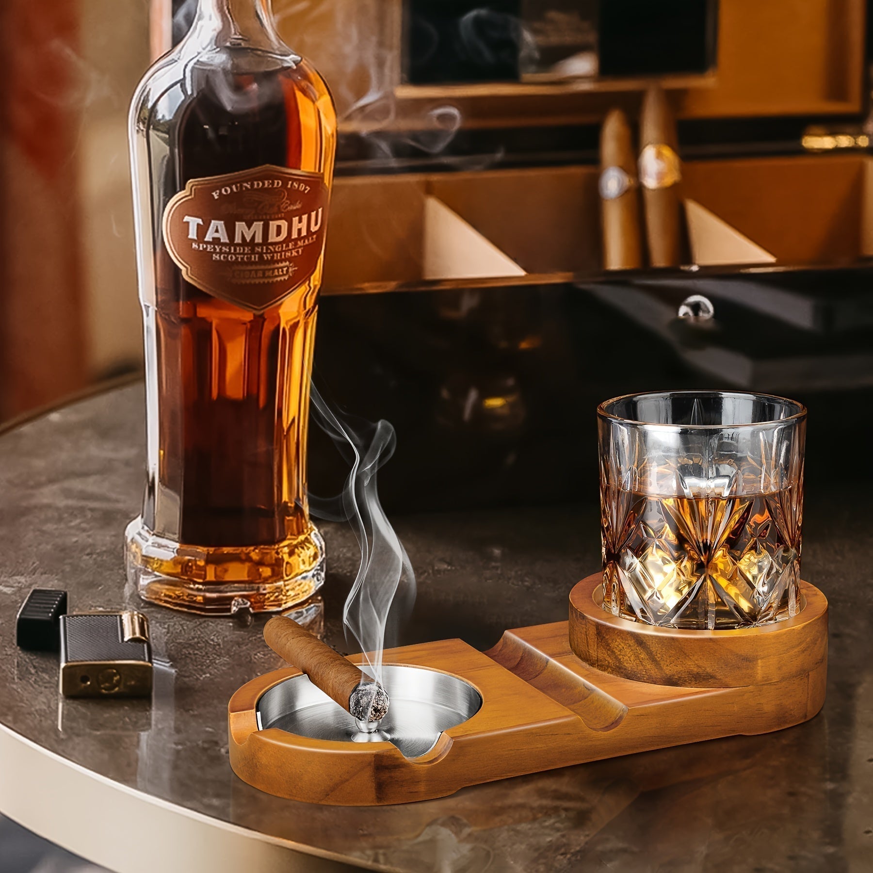 Maliben | Cigaroak Ashtray With Whiskey Holder – Luxury Wooden Tray For Cigar Lovers