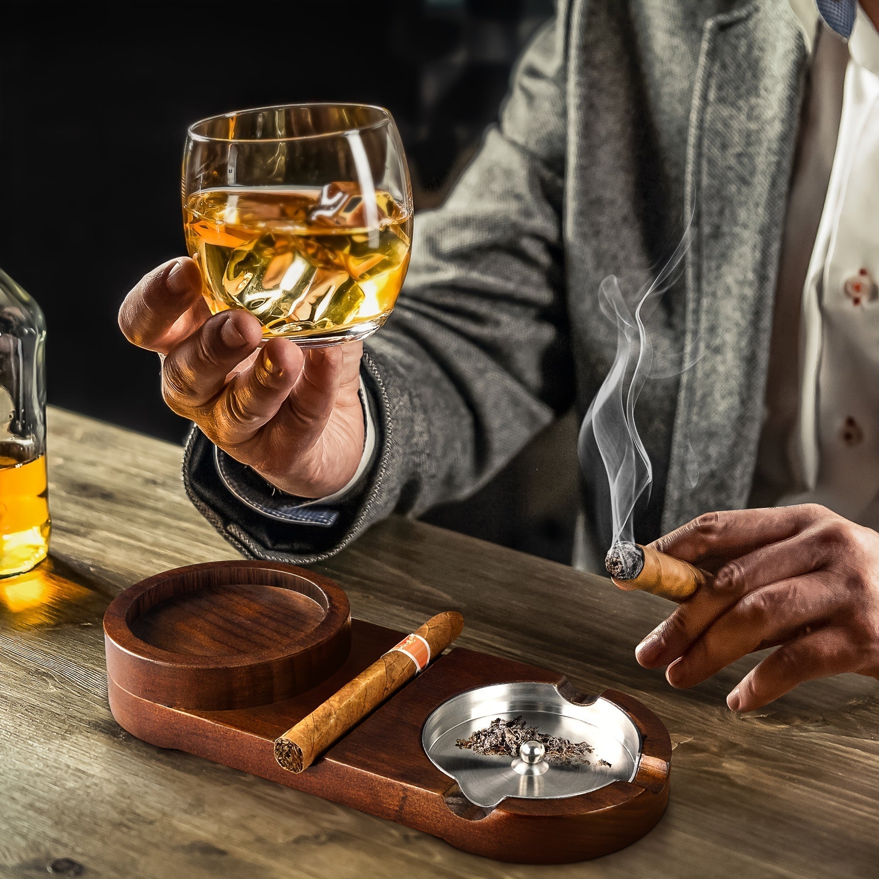 Maliben | Cigaroak Ashtray With Whiskey Holder – Luxury Wooden Bowl For Cigar Enthusiasts