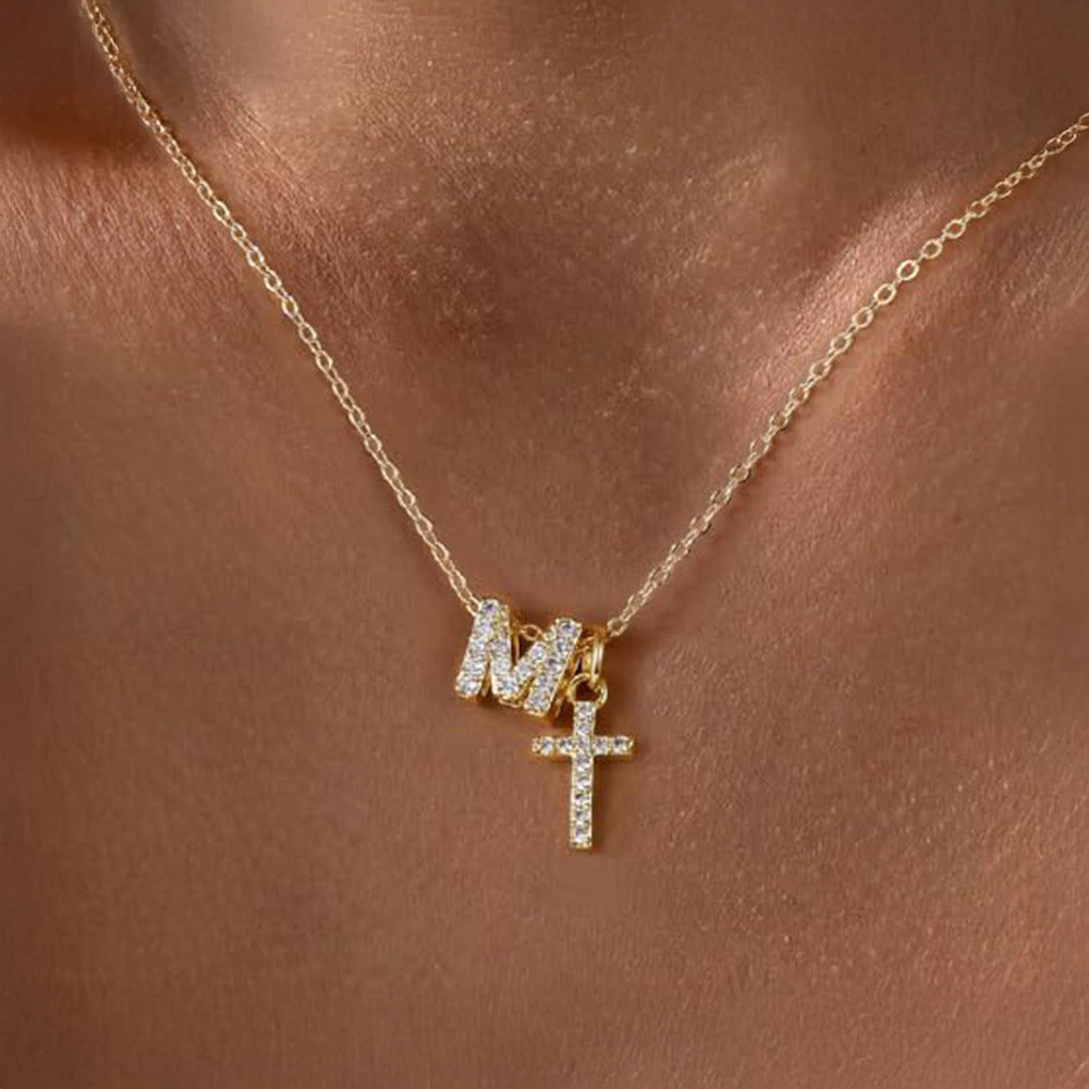 Maliben | Dainty Diamond Initial & Cross Necklace