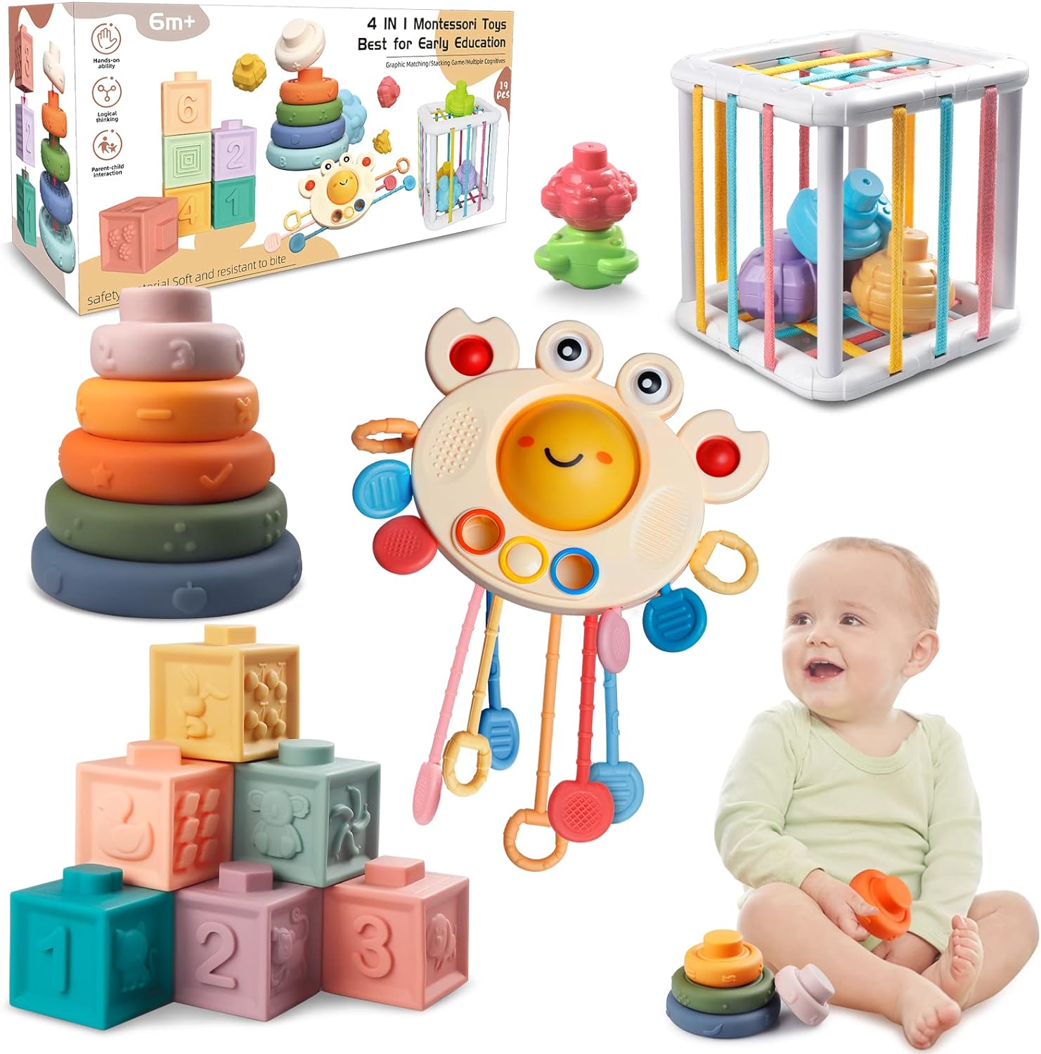 Maliben | TInysense | Montessori Baby Toy Set 4-in-1 For Sensory Development - Safe Bpa-Free Material For Children
