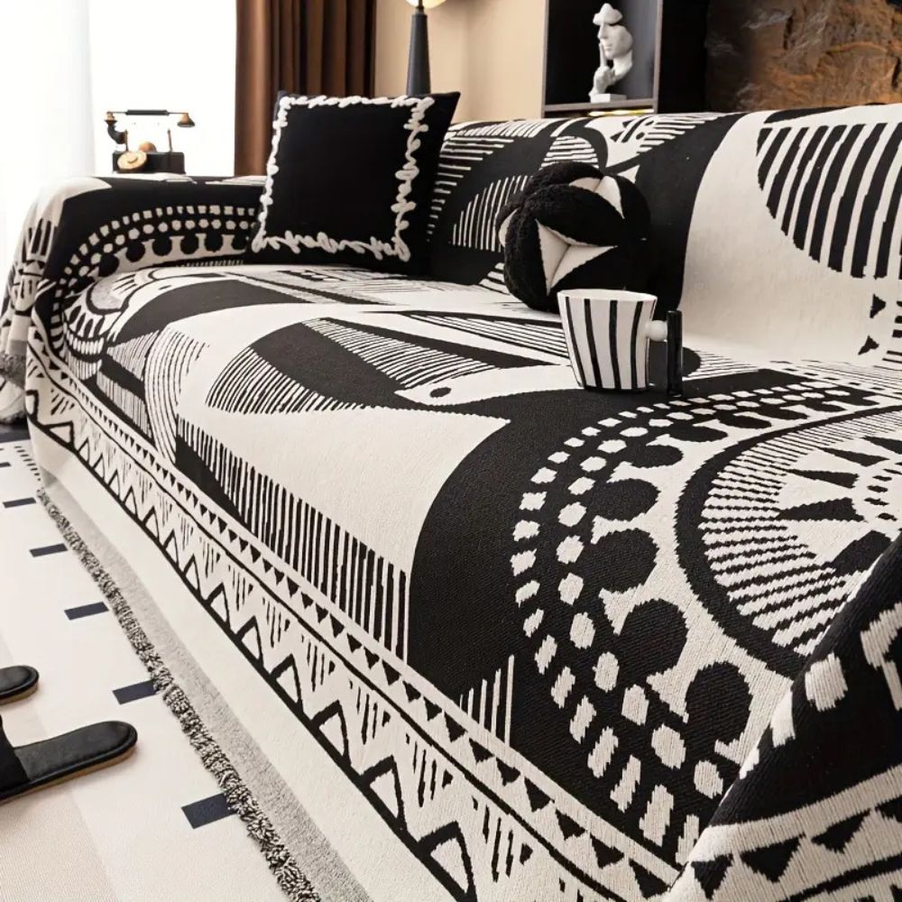 Maliben Mystic Lines Chenille Sofa Cover — Neutral Tribal Pattern