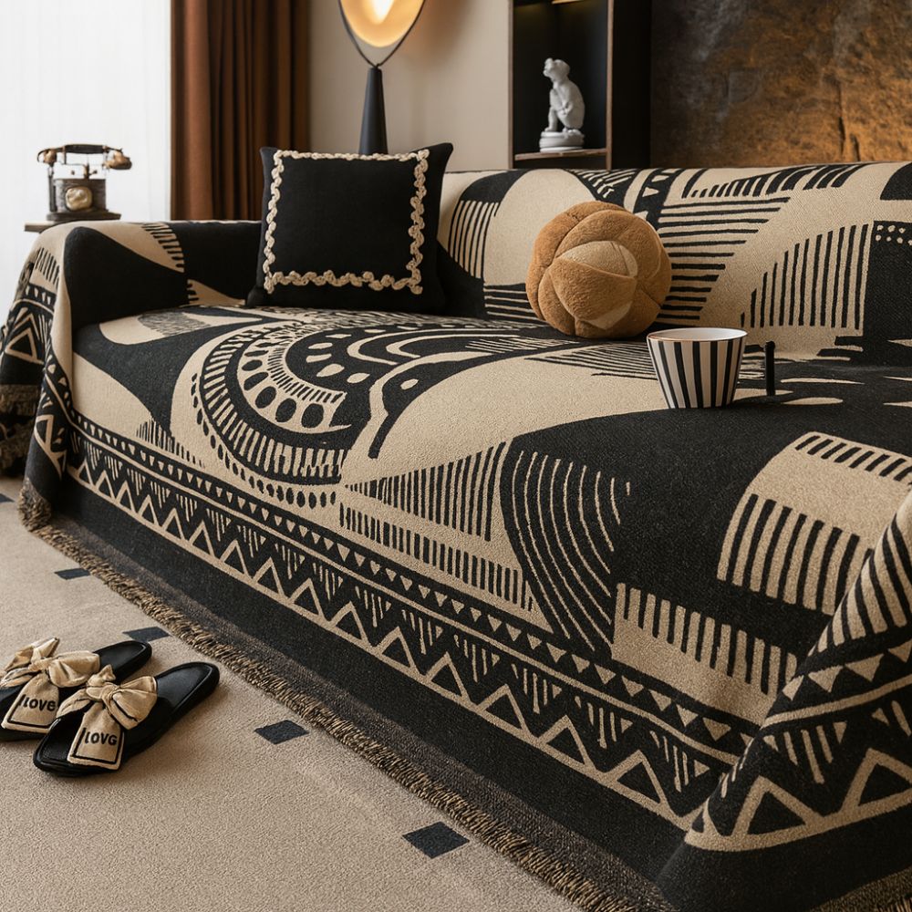 Maliben Mystic Lines Chenille Sofa Cover — Neutral Tribal Pattern
