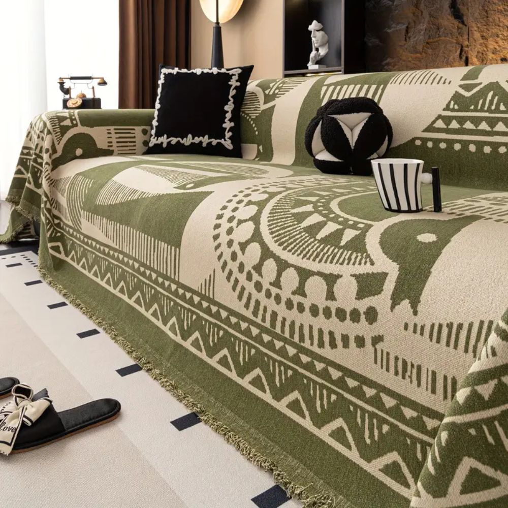 Maliben Mystic Lines Chenille Sofa Cover — Neutral Tribal Pattern