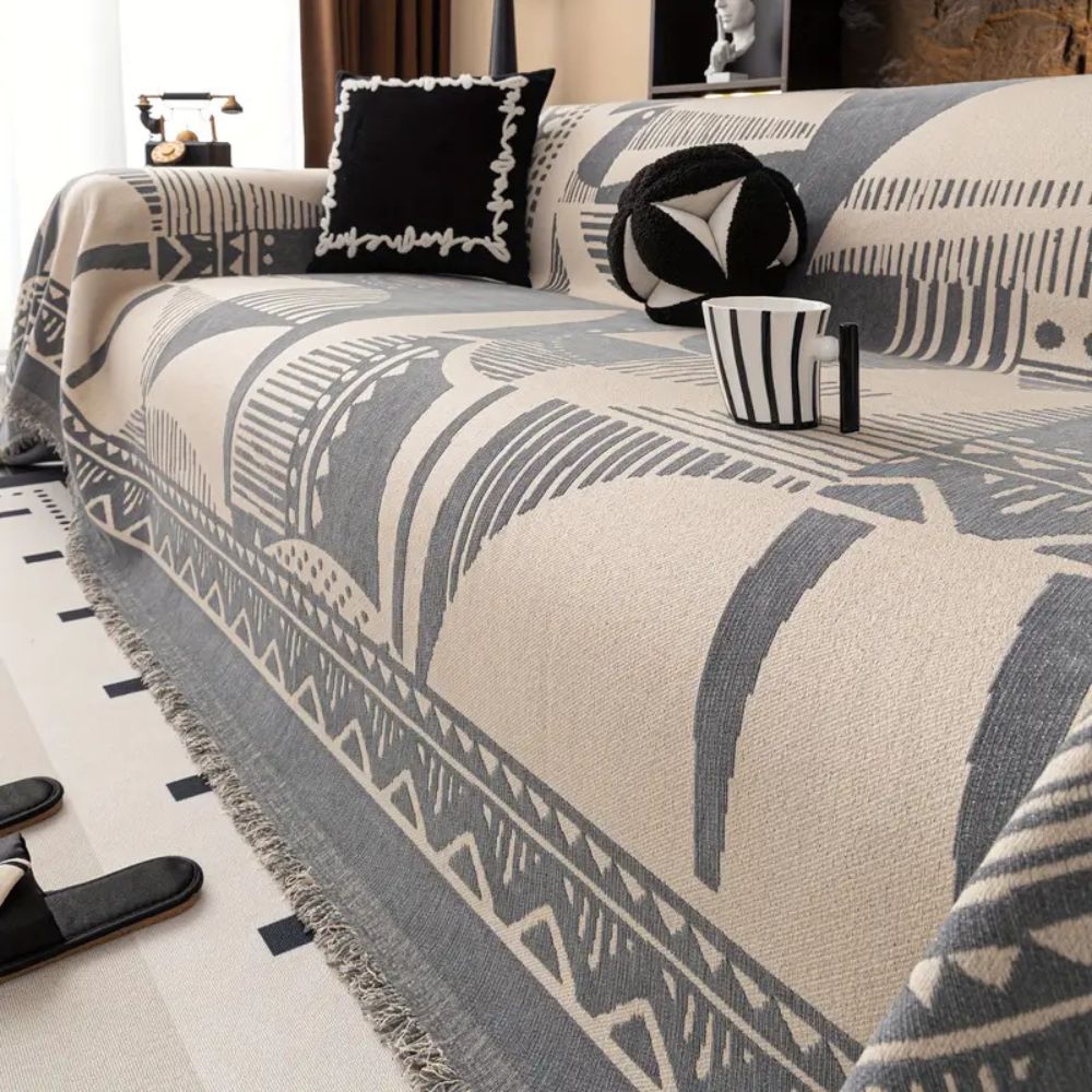 Maliben Mystic Lines Chenille Sofa Cover — Neutral Tribal Pattern