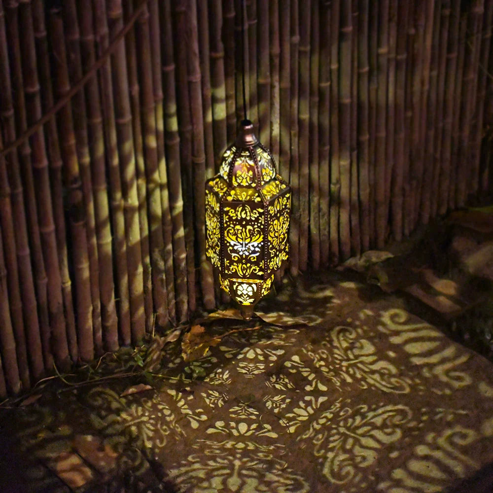 Solar Hanging Light Outdoor Hollow Baroque Projection Lamp, Waterproof Moroccan Garden Lamp